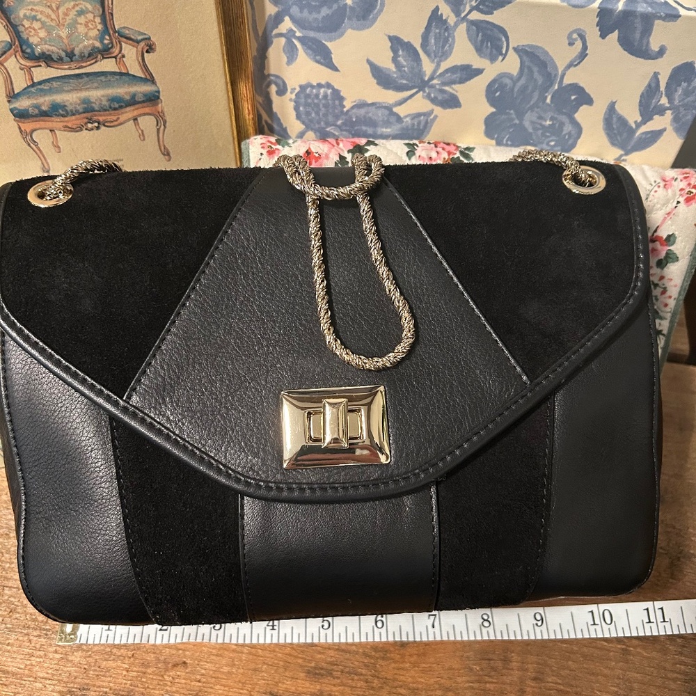 SEZANE Sac Clark Bag Noir Black Leather Suede Gold Chain Purse Classic FULL SIZE